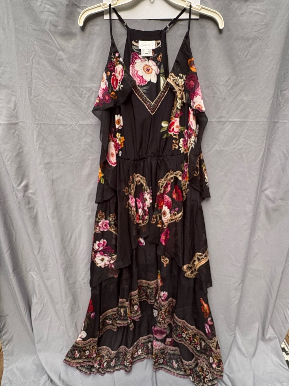 Camilla Black Silk High-Lo Layer Panel Dress Crystals in Mirror Mirror Print